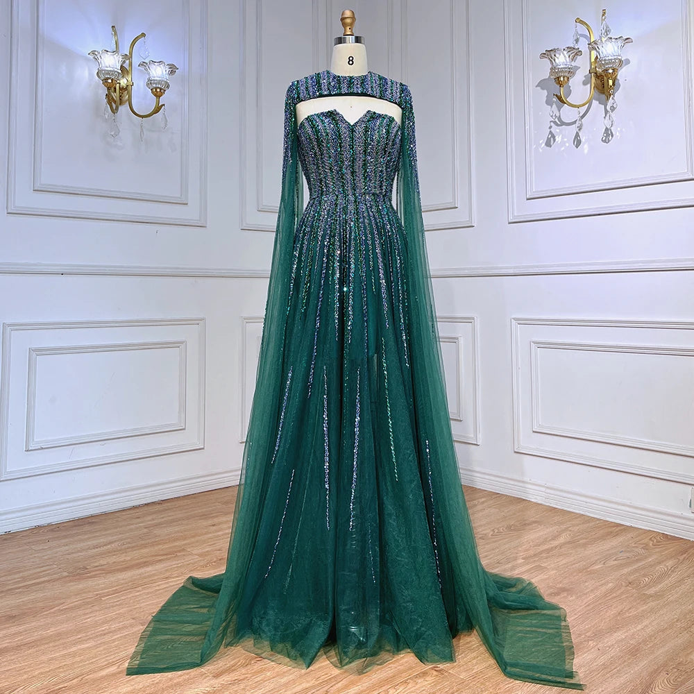 Arabic Green Cape Sleeves A Line Beaded Evening Dresses Long 2023 Celebrity Gowns For Woman Wedding Party BLA71912 Serene Hill