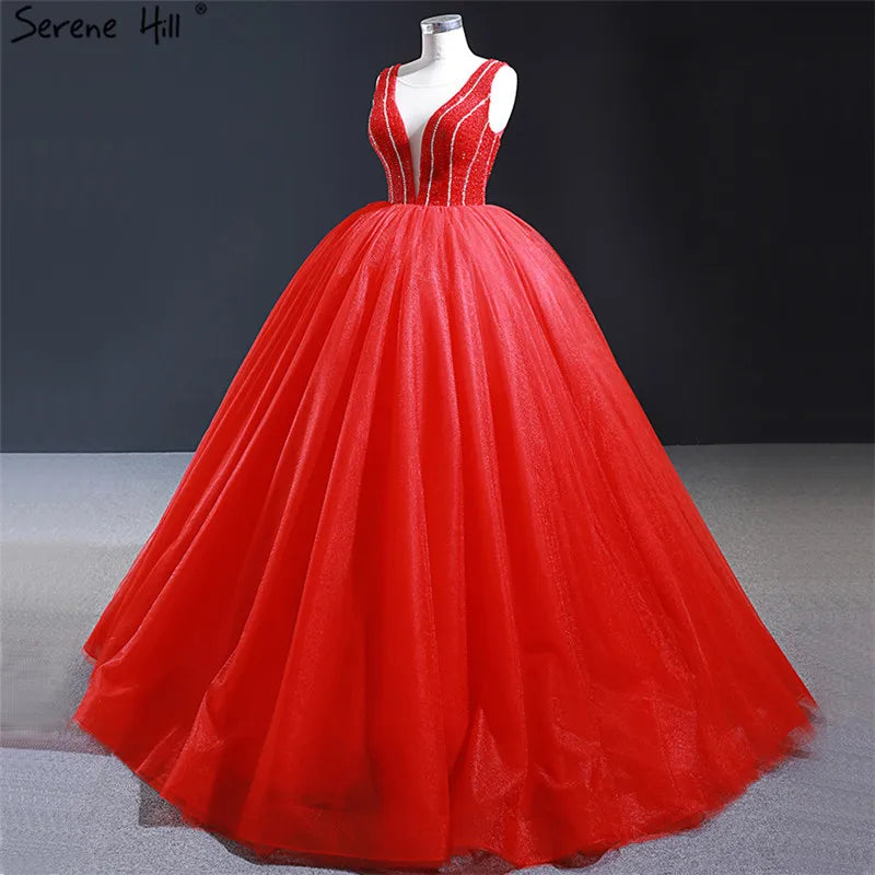 Dubai Red Sexy V-Neck Evening Dresses 2024 Real Photo Beading Sleeveless Lace Up Evening Gowns Serene Hill HM66968
