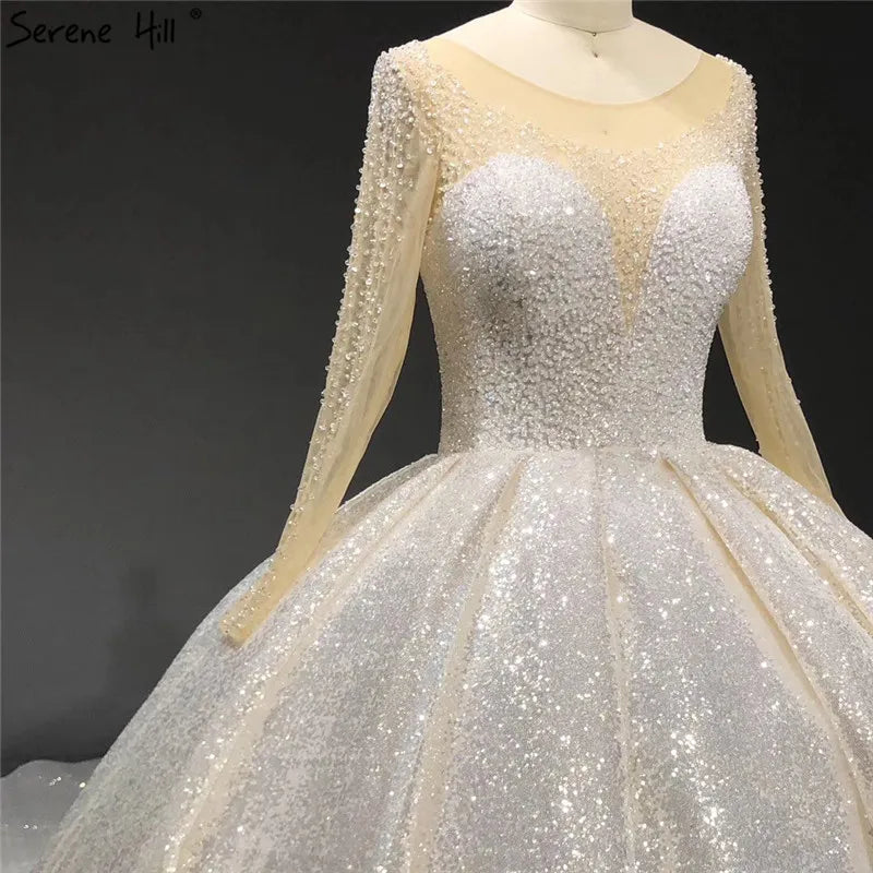 Dubai White Luxury Long Sleeves Wedding Dresses 2024 O-Neck Sequined Beading Lace Up Bridal Gowns Serene Hill HA2266 Cusotm Made