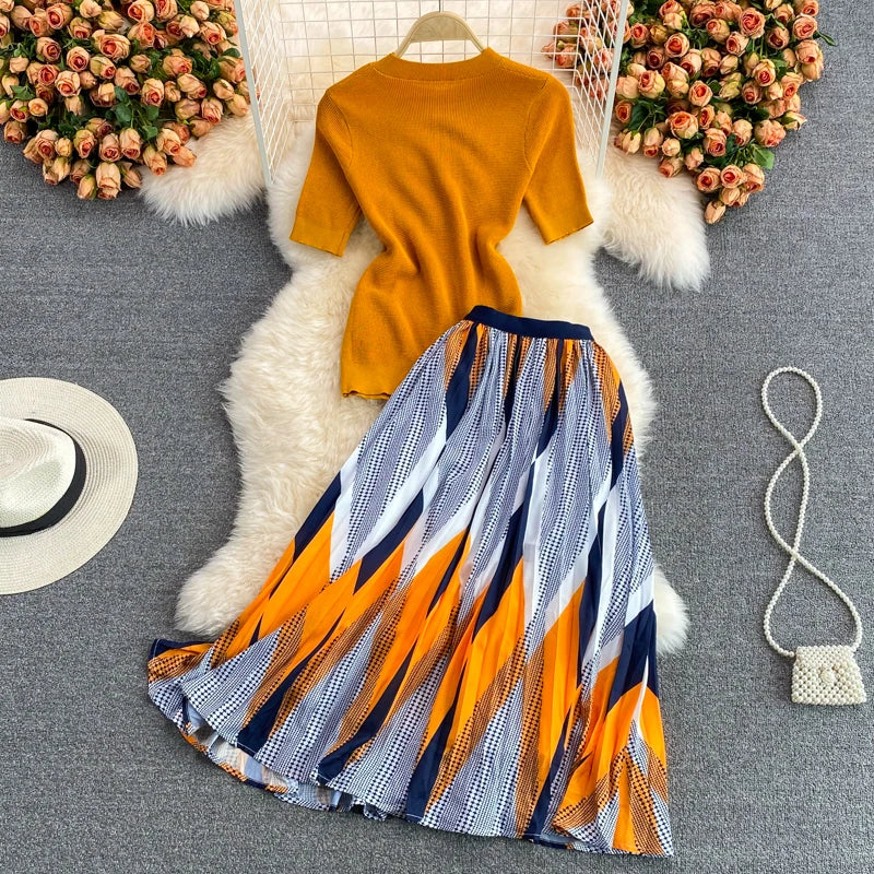 Pinkou Women Elegant Orange Blouse Set Short Sleeve Knitted Shirt Elastic Waist Midi Skirt Summer Two Piece Set Mujer TZ33
