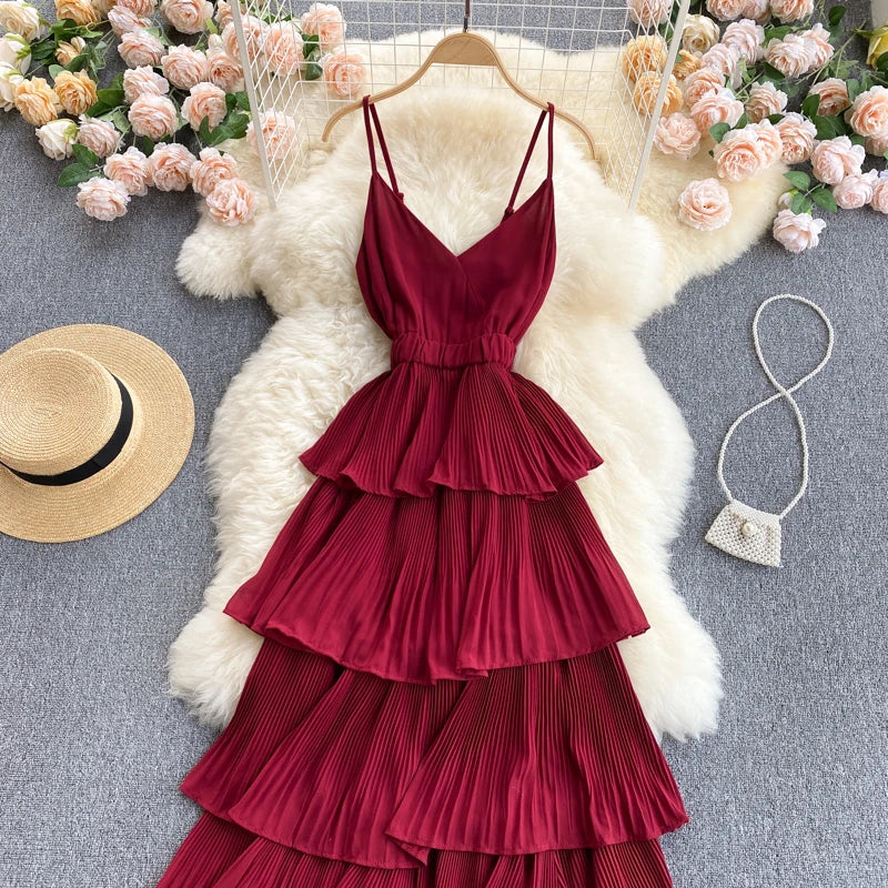 Women Beach Midi Dress 2021 New Summer Sexy V-neck Pleat Layer Ruffled Beach Dresses Ladies Elegant A Line Long Robe Vestido