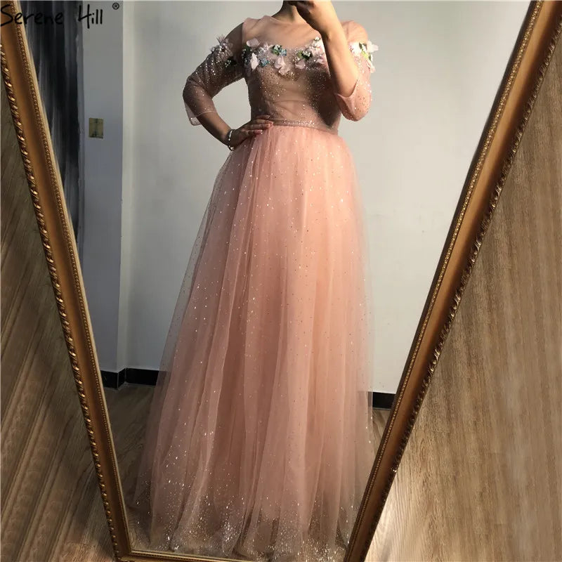 2024 New Fashion Half Sleeves Evening Dresses Beach Flowers Crystal Sparkle Formal Evening Gowns Serene Hill LA6536
