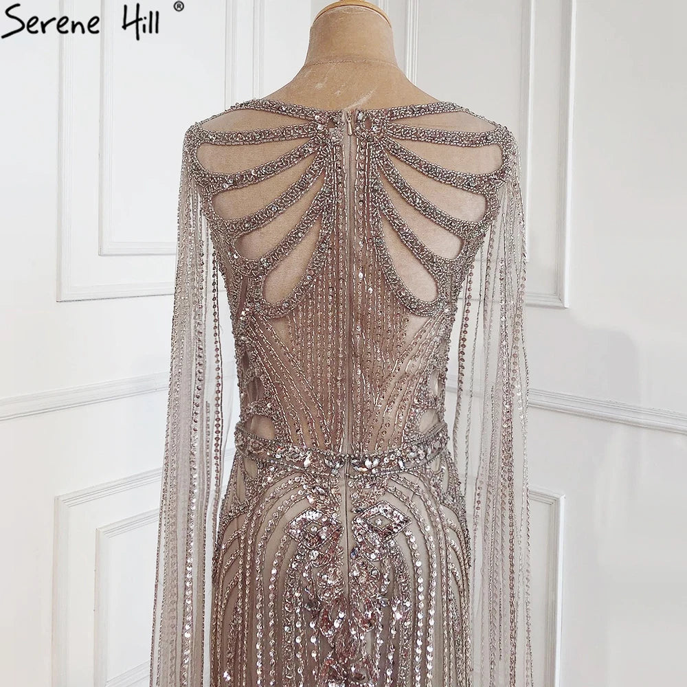 Serene Hill Brown Mermaid Elegant 2024 With Cape Sleeves Beaded Luxury Evening Dresses Gowns For Women Party LA70638