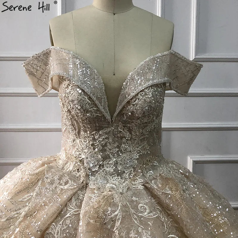 Ivory Off Shoulder Vintage Sexy Wedding Dresses 2024 Sequined Sparkle Sleeveless Luxury Bride Gown Real Photo HA2226 Custom Made