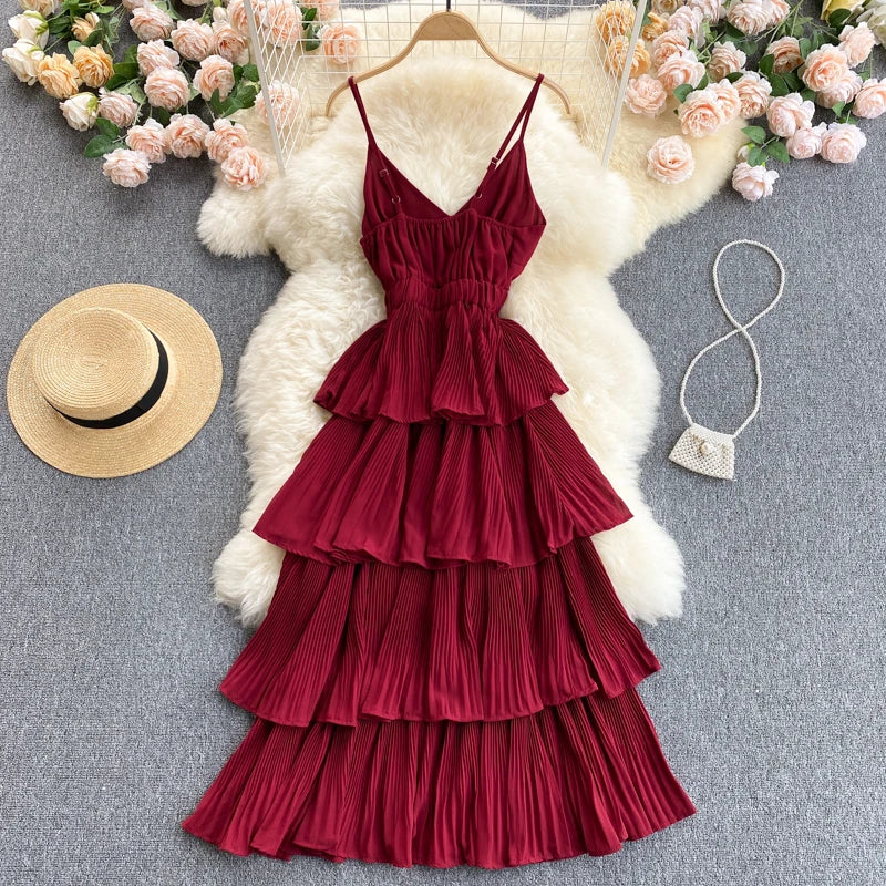Women Beach Midi Dress 2021 New Summer Sexy V-neck Pleat Layer Ruffled Beach Dresses Ladies Elegant A Line Long Robe Vestido