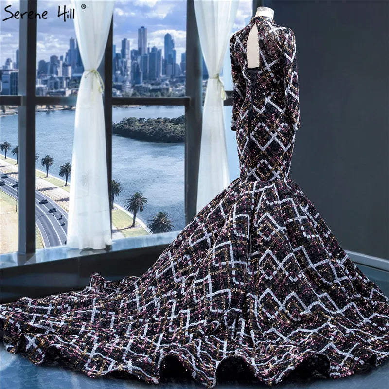 Dubai Black Colorful Sequins Wedding Dresses 2024 Long Sleeve Luxury Mermaid Wedding Gowns HM67018 Custom Made