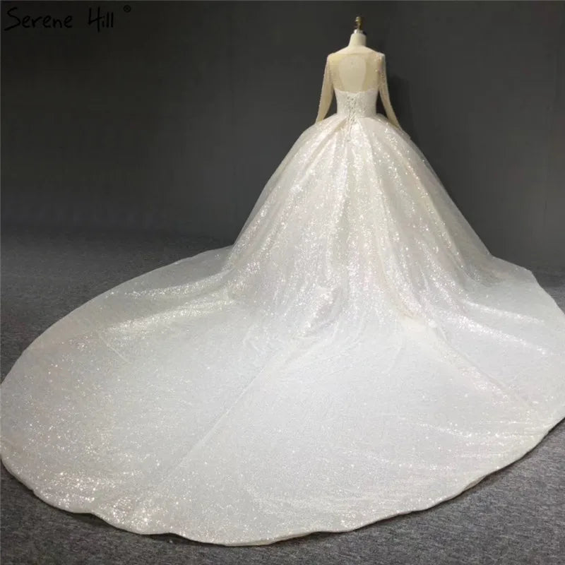 Dubai White Luxury Long Sleeves Wedding Dresses 2024 O-Neck Sequined Beading Lace Up Bridal Gowns Serene Hill HA2266 Cusotm Made