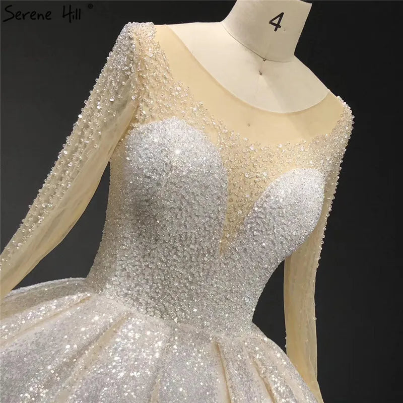 Dubai White Luxury Long Sleeves Wedding Dresses 2024 O-Neck Sequined Beading Lace Up Bridal Gowns Serene Hill HA2266 Cusotm Made