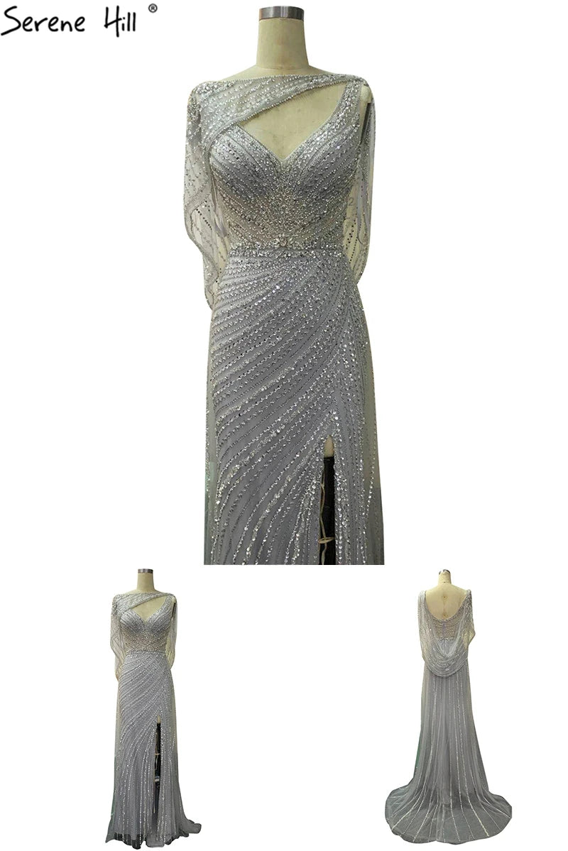 Luxury Champagne Split Evening Dresses 2024 Diamond Beaded Sleeveless Mermaid Formal Serene Hill LA70301