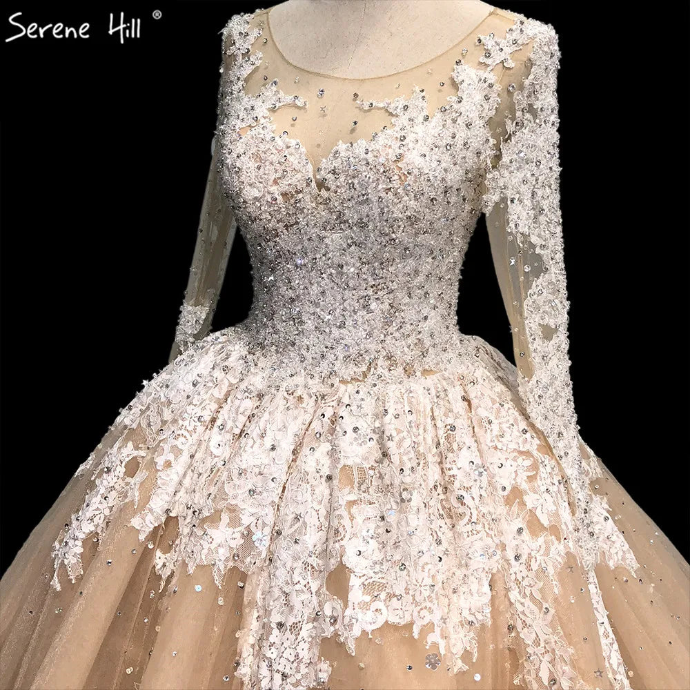 Dubai Champagne Long Sleeves Luxury Wedding Dresses 2024 Handmade Flowers Sequined Bridal Gowns HA2222 Custom Made