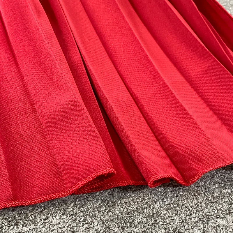 Pinkou Women Stylish Solid Midi Dress Spaghetti Straps O Neck Pleated Red Black Summer Beach Style Mid Calf Dresses QA655