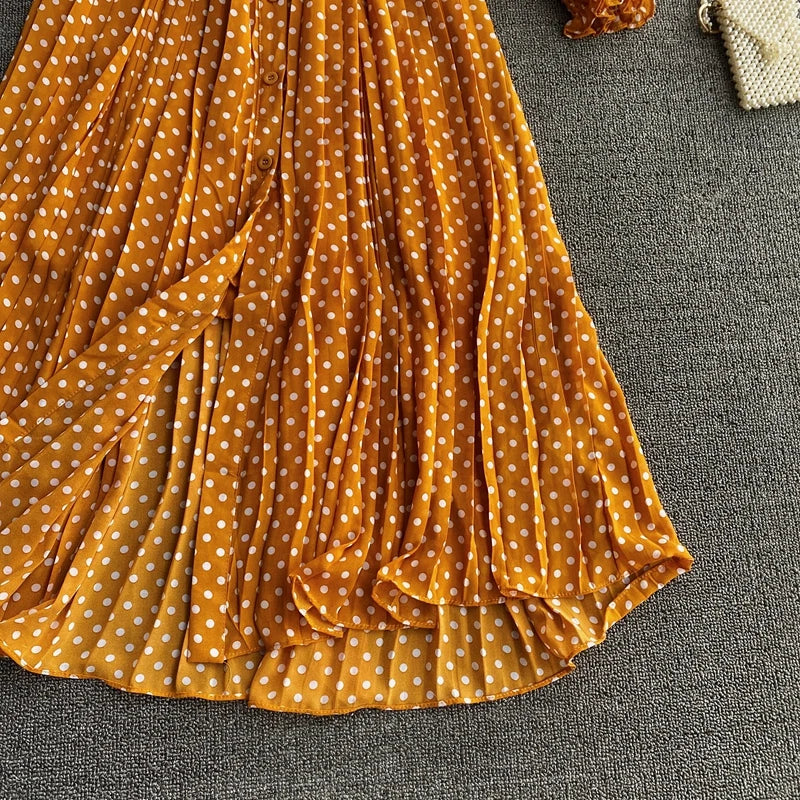 Women's Long Sleeve Polka Dot Pleated Dress Autumn Fashion Vintage Chiffon Casual Shirt Dresses Solid Chic Elegant Female Robe