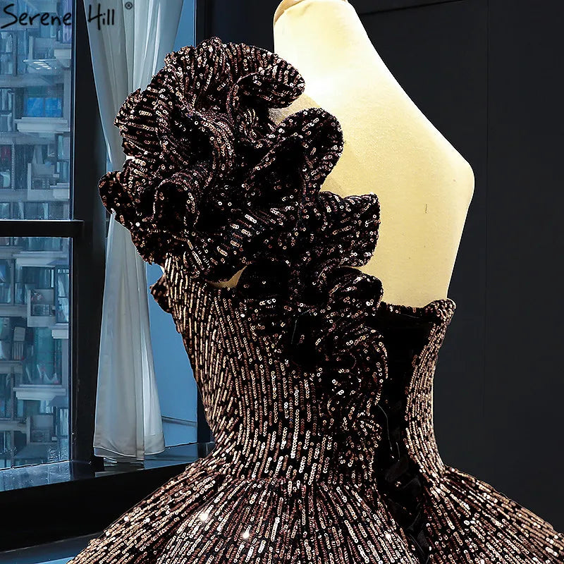 Dubai Brown Sequined Sleeveless Bling Wedding Dress 2024 One Shoulder Luxury Sexy Bridal Gowns HM66860 Cusotm Made