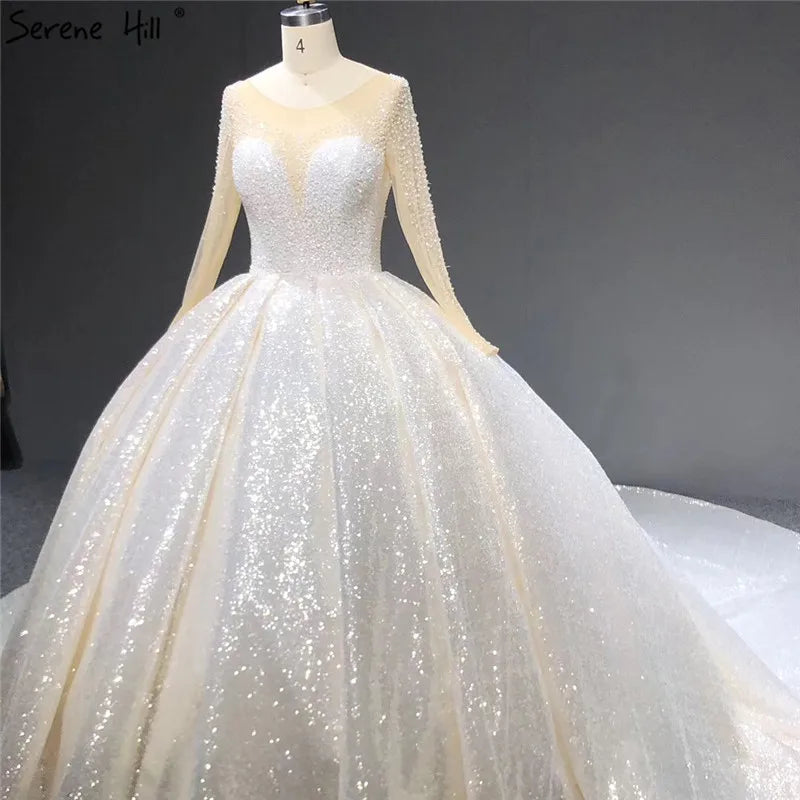 Dubai White Luxury Long Sleeves Wedding Dresses 2024 O-Neck Sequined Beading Lace Up Bridal Gowns Serene Hill HA2266 Cusotm Made