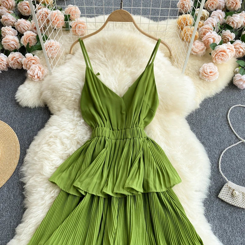 Women Beach Midi Dress 2021 New Summer Sexy V-neck Pleat Layer Ruffled Beach Dresses Ladies Elegant A Line Long Robe Vestido