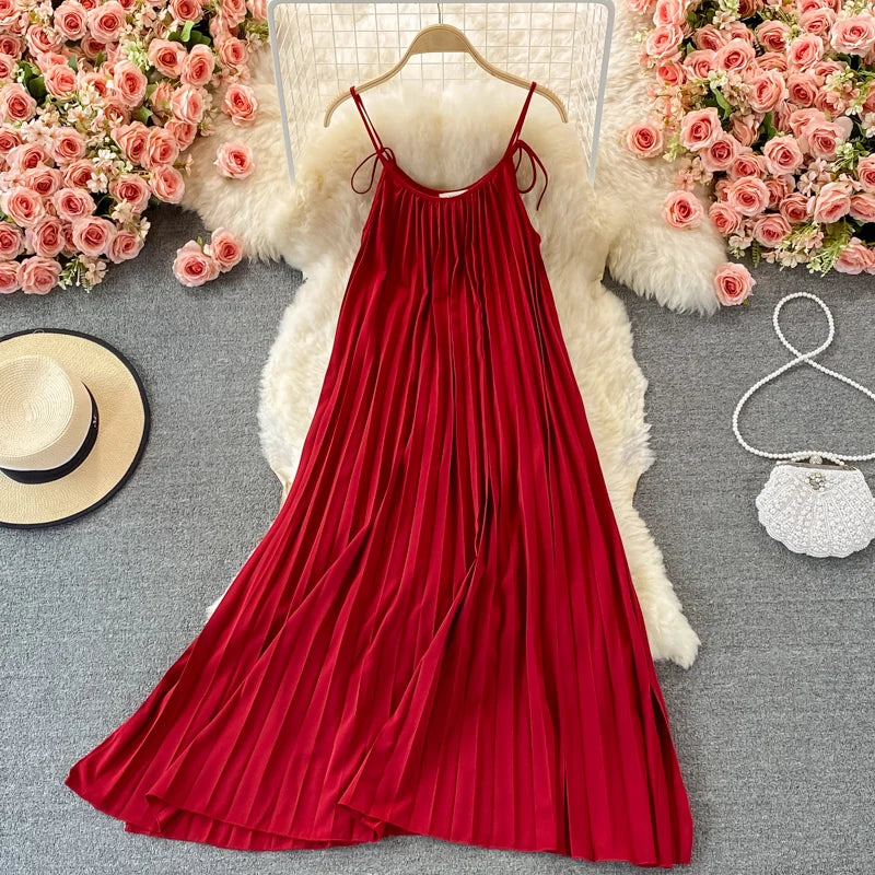 Pinkou Women Stylish Solid Midi Dress Spaghetti Straps O Neck Pleated Red Black Summer Beach Style Mid Calf Dresses QA655