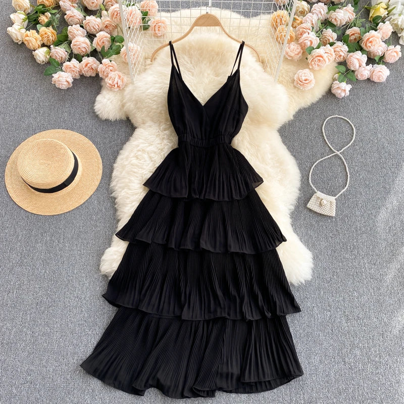 Women Beach Midi Dress 2021 New Summer Sexy V-neck Pleat Layer Ruffled Beach Dresses Ladies Elegant A Line Long Robe Vestido