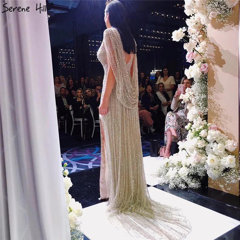 Luxury Champagne Split Evening Dresses 2024 Diamond Beaded Sleeveless Mermaid Formal Serene Hill LA70301