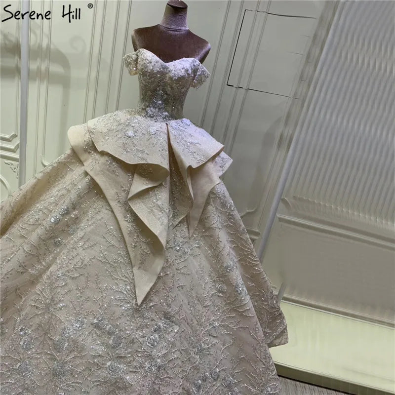 Champagne Sequined Sparkle Luxury Wedding Dresses 2024 Dubai Off Shoulder Vintage Bridal Gowns HA2264 Custom Made