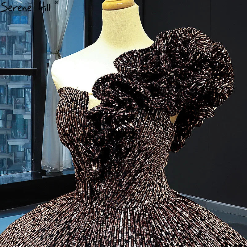 Dubai Brown Sequined Sleeveless Bling Wedding Dress 2024 One Shoulder Luxury Sexy Bridal Gowns HM66860 Cusotm Made