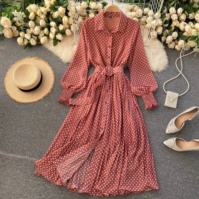 Women's Long Sleeve Polka Dot Pleated Dress Autumn Fashion Vintage Chiffon Casual Shirt Dresses Solid Chic Elegant Female Robe