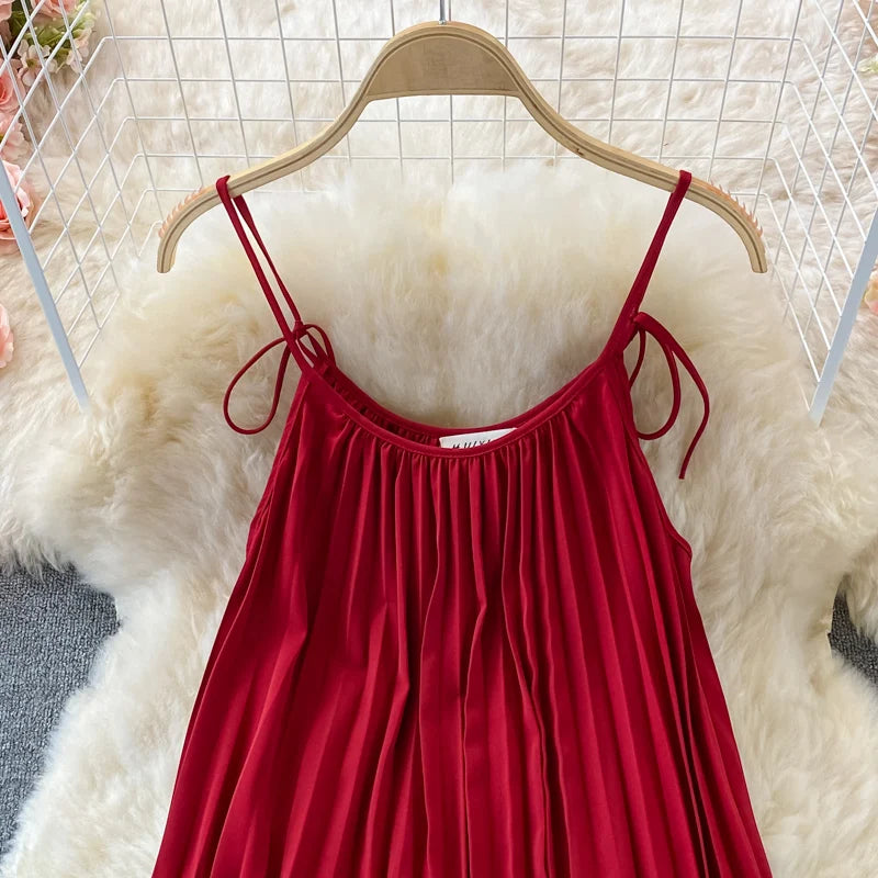 Pinkou Women Stylish Solid Midi Dress Spaghetti Straps O Neck Pleated Red Black Summer Beach Style Mid Calf Dresses QA655