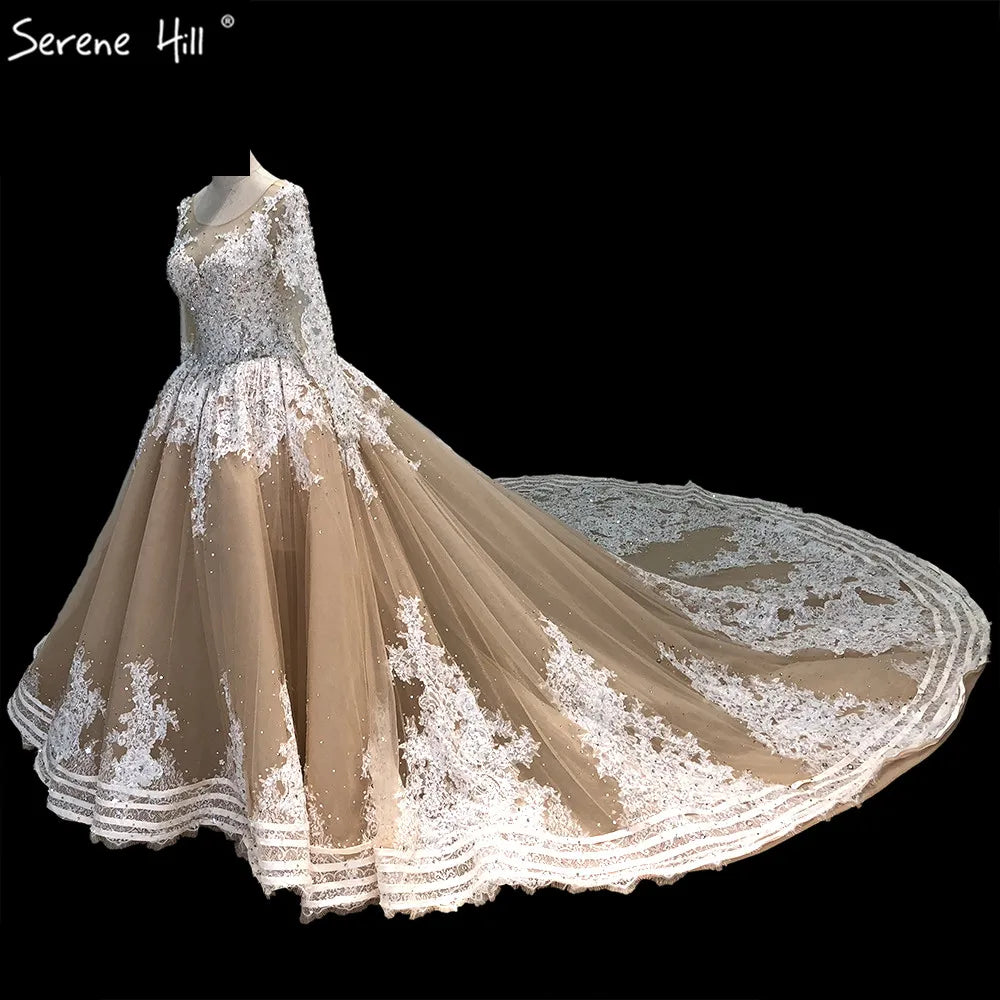 Dubai Champagne Long Sleeves Luxury Wedding Dresses 2024 Handmade Flowers Sequined Bridal Gowns HA2222 Custom Made