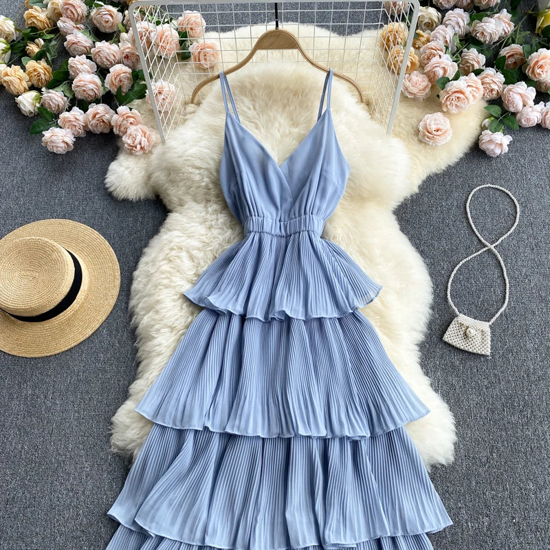 Women Beach Midi Dress 2021 New Summer Sexy V-neck Pleat Layer Ruffled Beach Dresses Ladies Elegant A Line Long Robe Vestido
