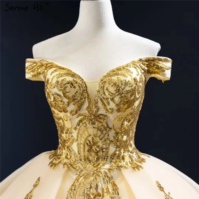 Gold Sweetheart Sexy Sequined Luxury Wedding Dresses 2024 High Quality Off Shoulder Sparkle Bridal Gowns HM67024 Custom Made