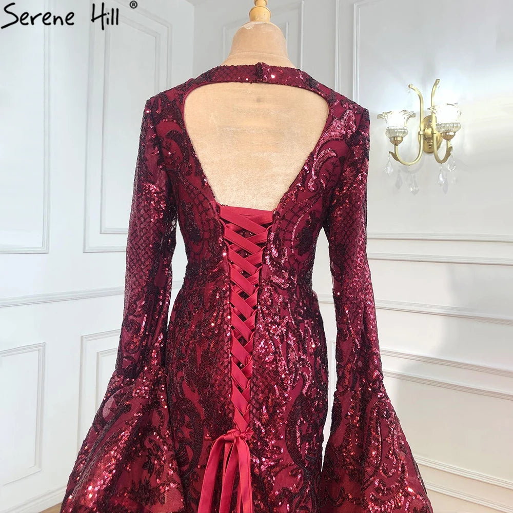Dubai Design Wine Red Luxury Evening Dresses 2024 Sequined Long Sleeve Sparkle Fashion Bride Toasting Gowns HM66740