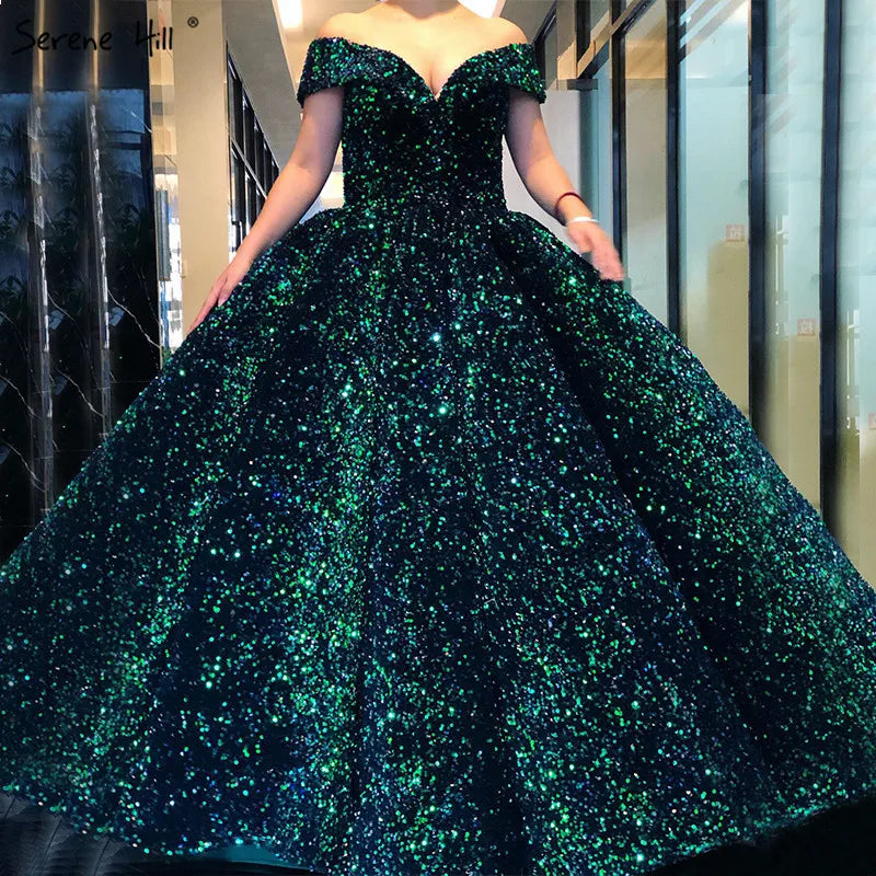 Dubai Sweetheart Sexy Green Luxury Wedding Dresses 2024 Sequined Off Shoulder Bridal Gowns Serene Hill HM66991 Custom Made