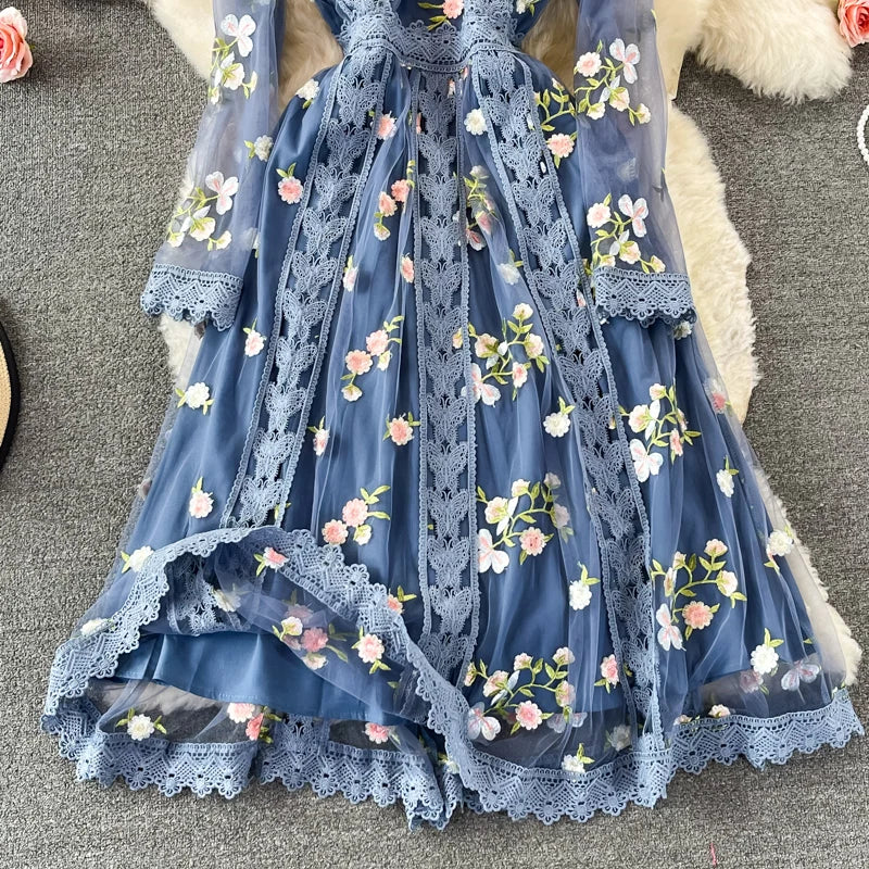 New Fashion Autumn Women O Neck Long Sleeve Mesh Embroidery Hook Flower Slim A-line Dress Elegant Female Party Clothes Vestidos