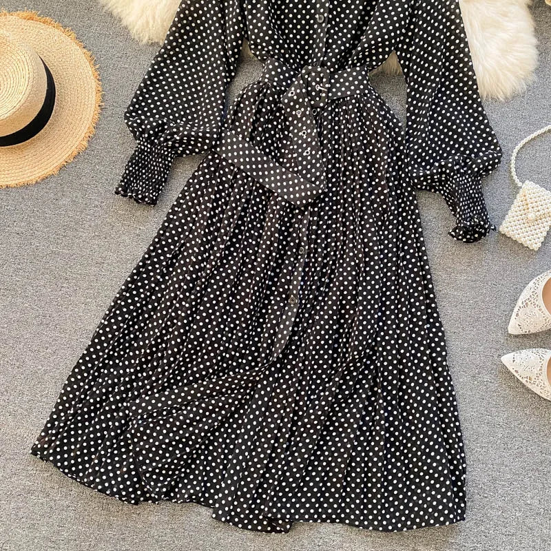 Women's Long Sleeve Polka Dot Pleated Dress Autumn Fashion Vintage Chiffon Casual Shirt Dresses Solid Chic Elegant Female Robe