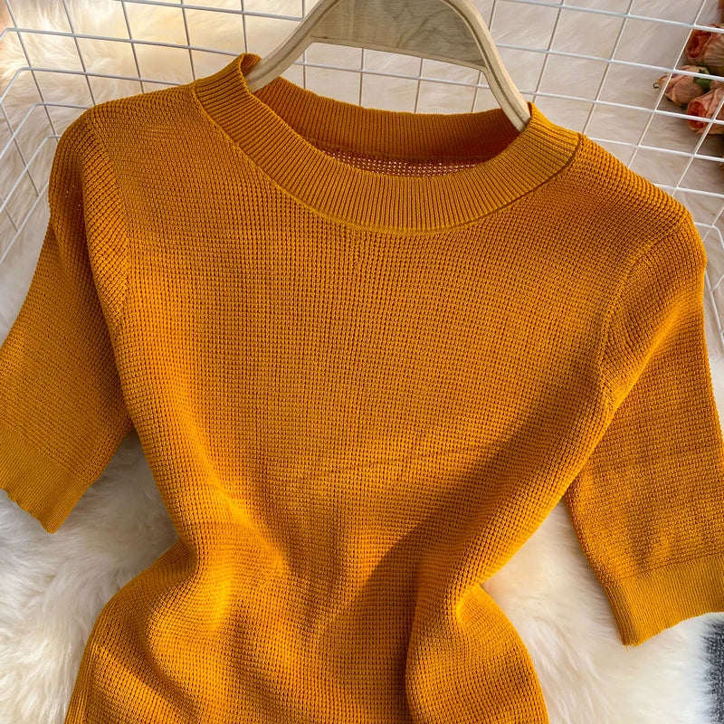 Pinkou Women Elegant Orange Blouse Set Short Sleeve Knitted Shirt Elastic Waist Midi Skirt Summer Two Piece Set Mujer TZ33