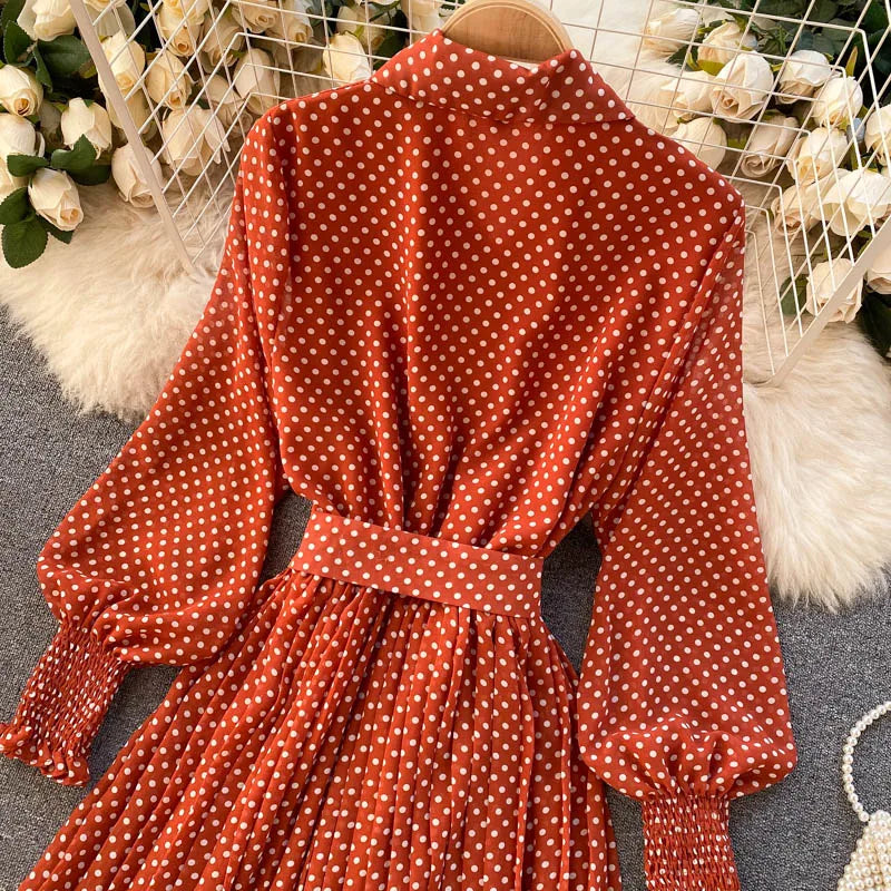 Women's Long Sleeve Polka Dot Pleated Dress Autumn Fashion Vintage Chiffon Casual Shirt Dresses Solid Chic Elegant Female Robe