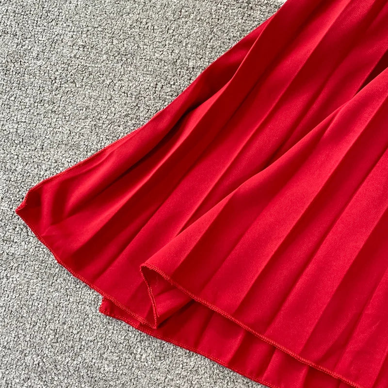 Pinkou Women Stylish Solid Midi Dress Spaghetti Straps O Neck Pleated Red Black Summer Beach Style Mid Calf Dresses QA655