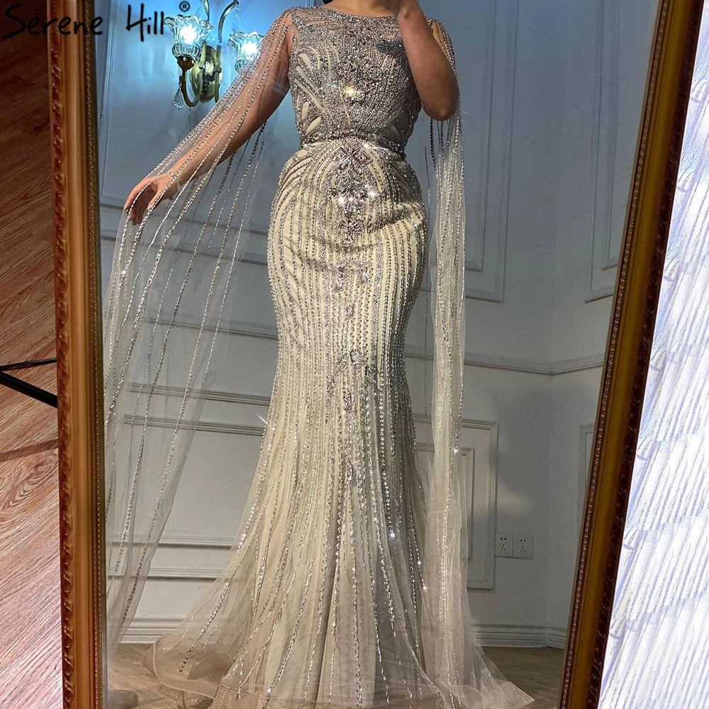 Serene Hill Brown Mermaid Elegant 2024 With Cape Sleeves Beaded Luxury Evening Dresses Gowns For Women Party LA70638
