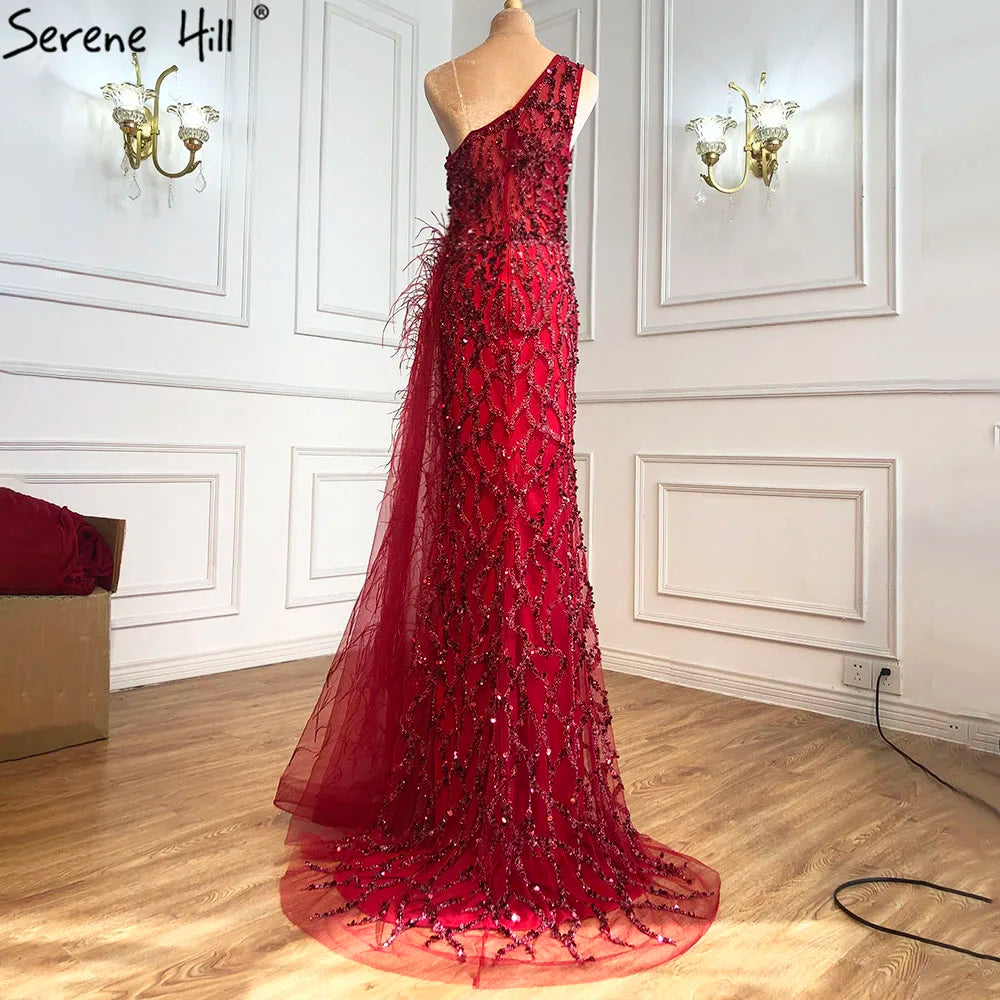 Pink Luxury One Shouder Split Evening Dresse 2023 Elegant Mermaid Beading Gowns Feathers For Women Party BLA70829 Serene Hill