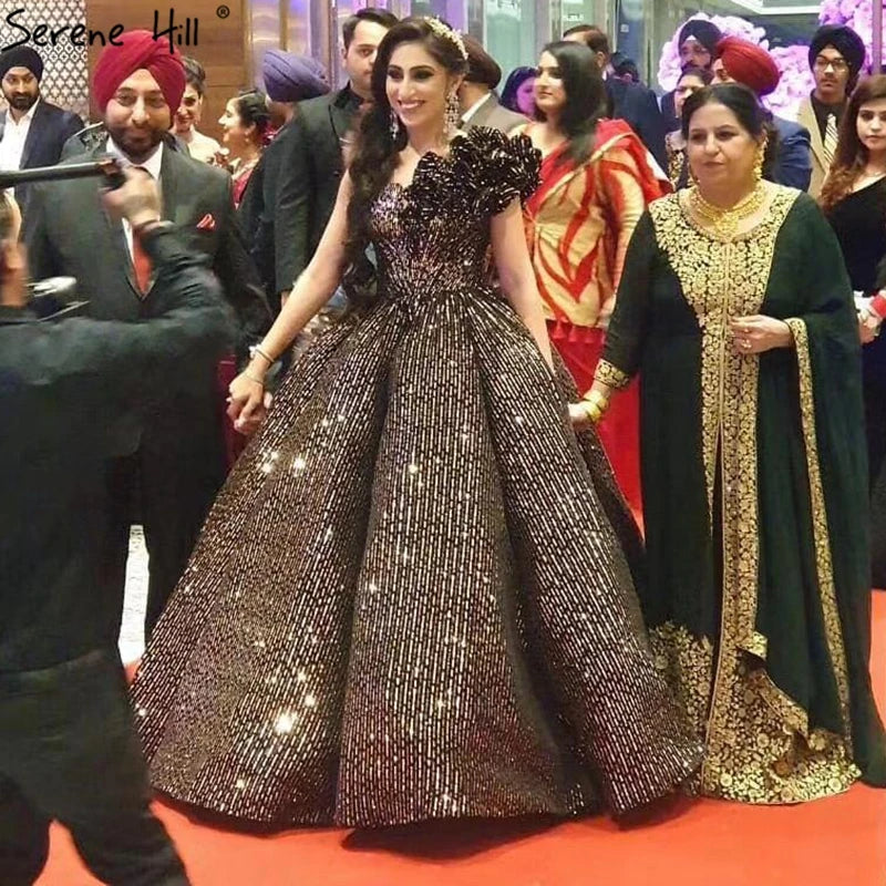 Dubai Brown Sequined Sleeveless Bling Wedding Dress 2024 One Shoulder Luxury Sexy Bridal Gowns HM66860 Cusotm Made