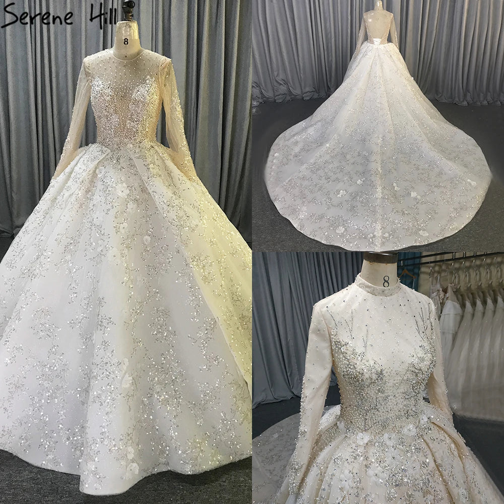 Extreme Luxury Ivory Long Sleeves Wedding Dresses 2024 High-end Handmade Flowers Sequined Bridal Gown HA2213 Custom Made