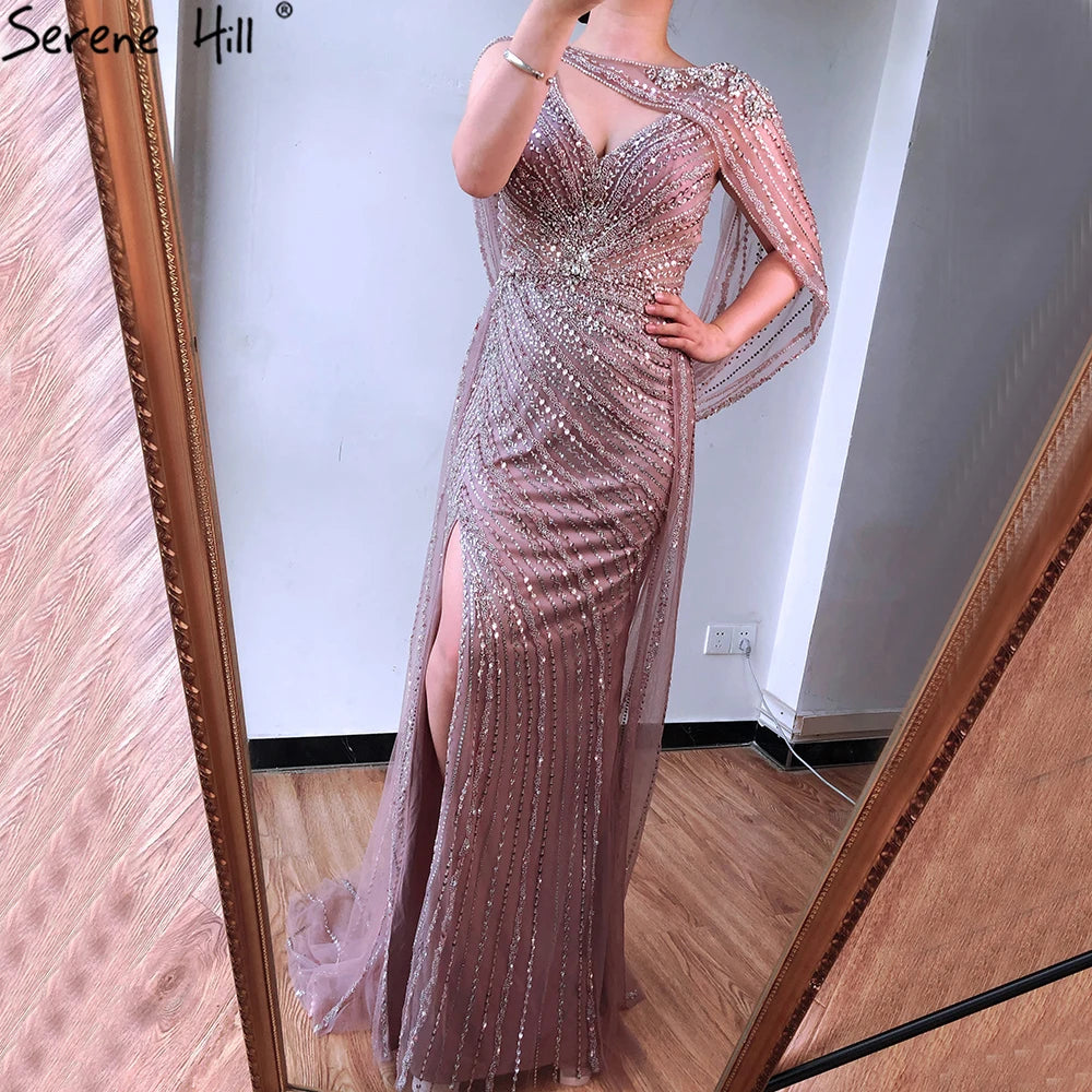Luxury Champagne Split Evening Dresses 2024 Diamond Beaded Sleeveless Mermaid Formal Serene Hill LA70301
