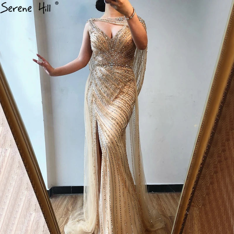 Luxury Champagne Split Evening Dresses 2024 Diamond Beaded Sleeveless Mermaid Formal Serene Hill LA70301