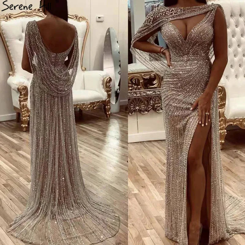 Luxury Champagne Split Evening Dresses 2024 Diamond Beaded Sleeveless Mermaid Formal Serene Hill LA70301