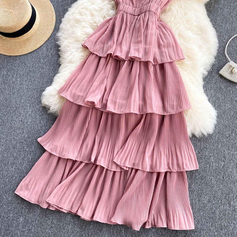 Women Beach Midi Dress 2021 New Summer Sexy V-neck Pleat Layer Ruffled Beach Dresses Ladies Elegant A Line Long Robe Vestido