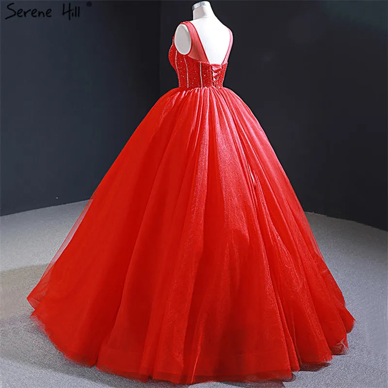 Dubai Red Sexy V-Neck Evening Dresses 2024 Real Photo Beading Sleeveless Lace Up Evening Gowns Serene Hill HM66968