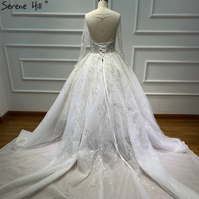 Latest White Luxury Vintage O-Neck Wedding Dresses 2024 Long Sleeves Backless Sequined Bride Gowns Real Photo HA2225 Custom Made