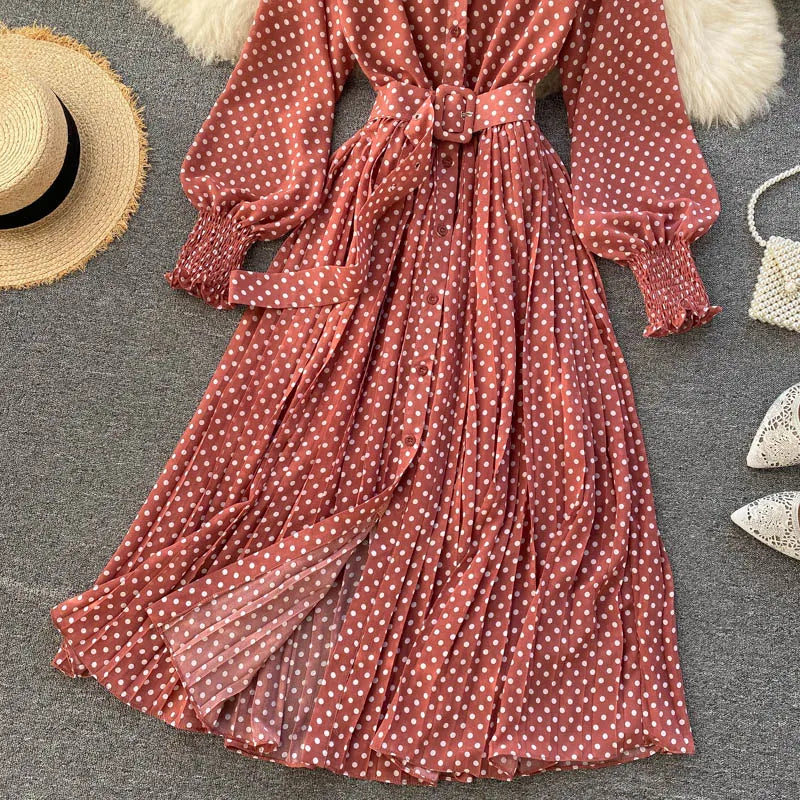 Women's Long Sleeve Polka Dot Pleated Dress Autumn Fashion Vintage Chiffon Casual Shirt Dresses Solid Chic Elegant Female Robe