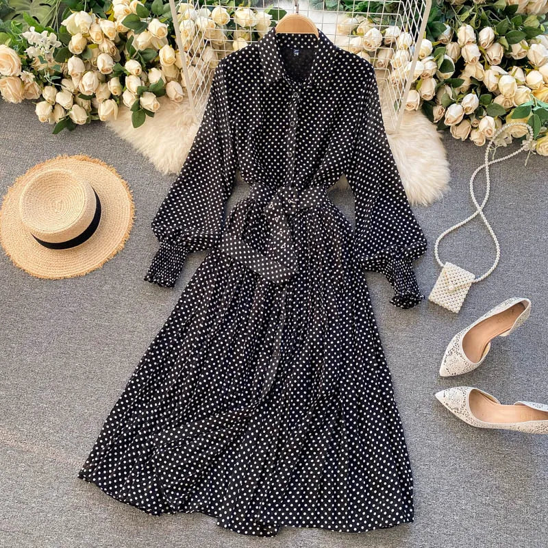 Women's Long Sleeve Polka Dot Pleated Dress Autumn Fashion Vintage Chiffon Casual Shirt Dresses Solid Chic Elegant Female Robe