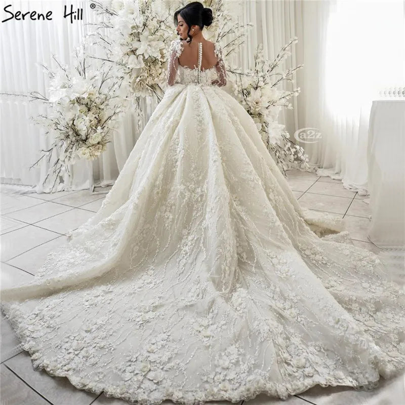 Ivory Long Sleeves Handmade Flowers Wedding Dresses 2024 Dubai O-Neck Vintage Princess Bridal Gowns HA2263 Custom Made