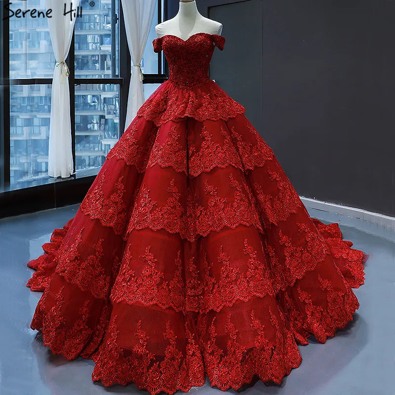 Wine Red Lace Tiered Vintage High-end Sexy Wedding Dress 2024 Off Shoulder Bridal Gowns Real Photo HM66786 Custom Made